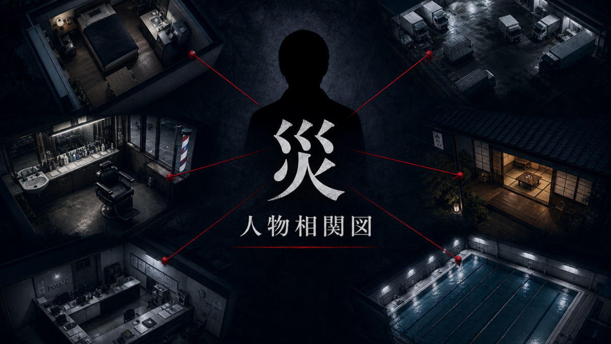 ドラマ『災』の人物相関図と6つの日常を表現したサムネイル