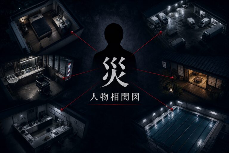 ドラマ『災』の人物相関図と6つの日常を表現したサムネイル