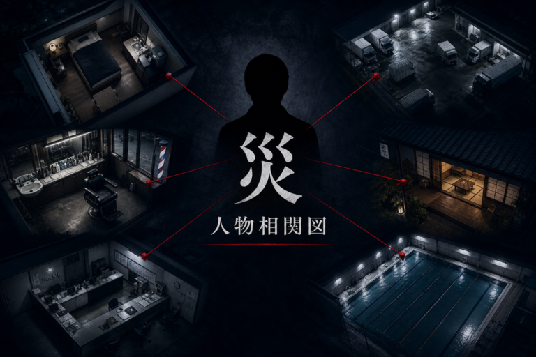 ドラマ『災』の人物相関図と6つの日常を表現したサムネイル