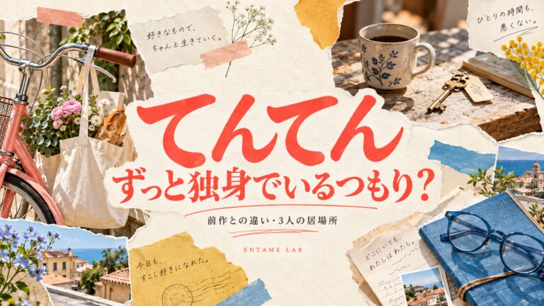 映画てんてん：自転車、マグカップ、鍵、眼鏡を紙のコラージュで配置したAI生成イメージ。実際の場面写真ではありません。