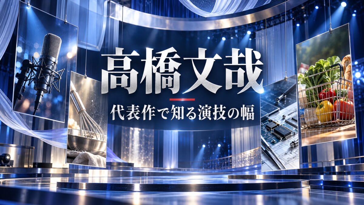 高橋文哉の代表作比較。マイク・調理道具・回路・買い物かごを配したAI生成イメージ