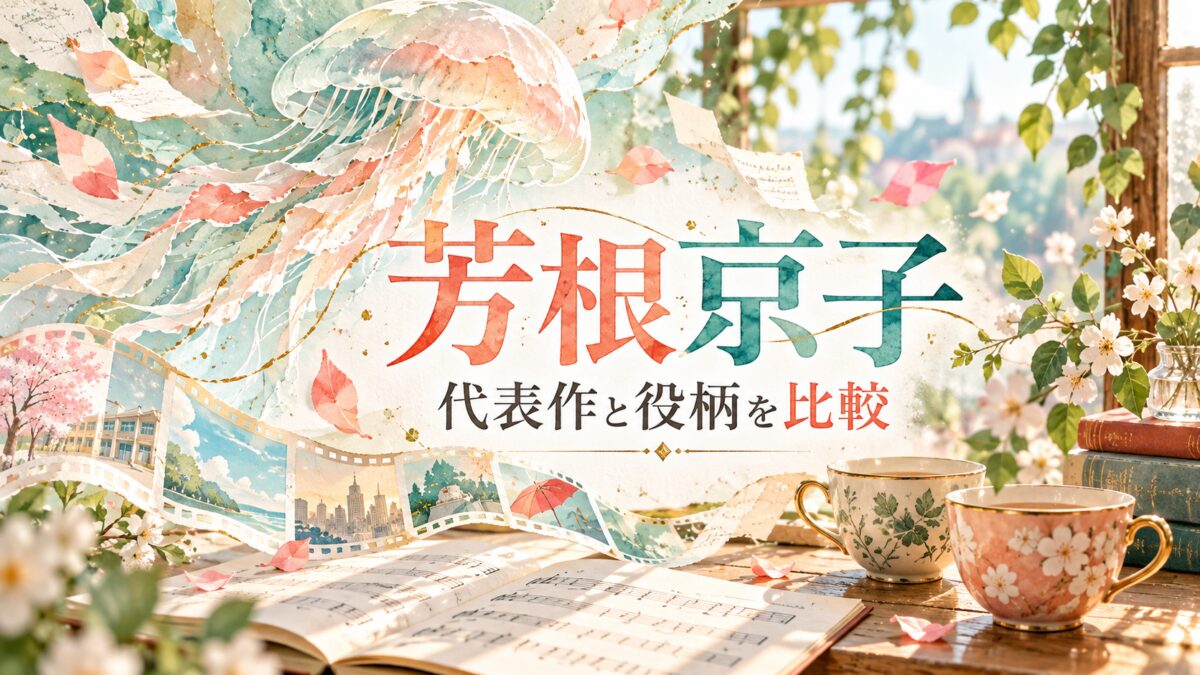 芳根京子の代表作比較。クラゲ・楽譜・二つのカップを描いた水彩風のAI生成イメージ